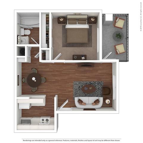 3D 1 bedroom floor plan at Clayton Creek Apartments, Concord, 94521