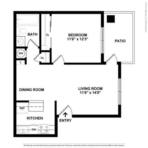 1 Bed 1 Bath Floor Plan at Clayton Creek Apartments, Concord, CA