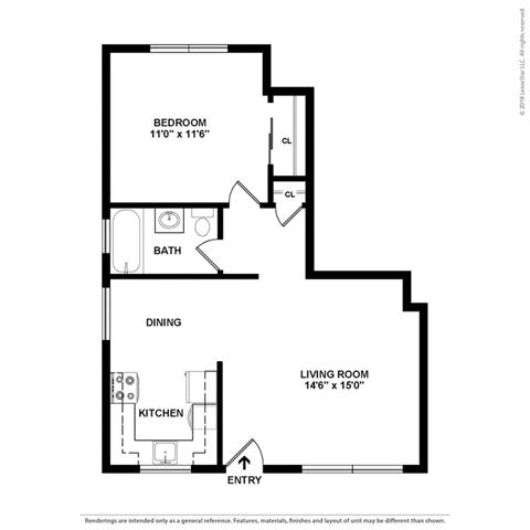 1 Bedroom Floor Plan at Colonial Garden Apartments, San Mateo, California