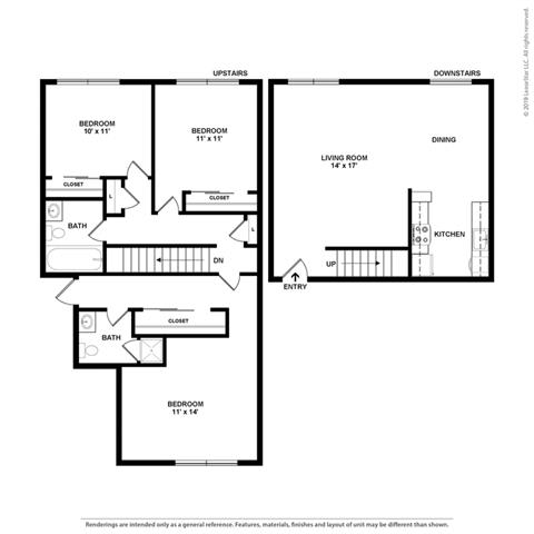 2d 3 bed layout at Peninsula Pines Apartments, South San Francisco, CA, 94080