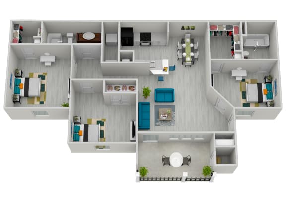 1400 Square-Feet 3 Bedroom Floor Plan at Ten68 West, Dallas
