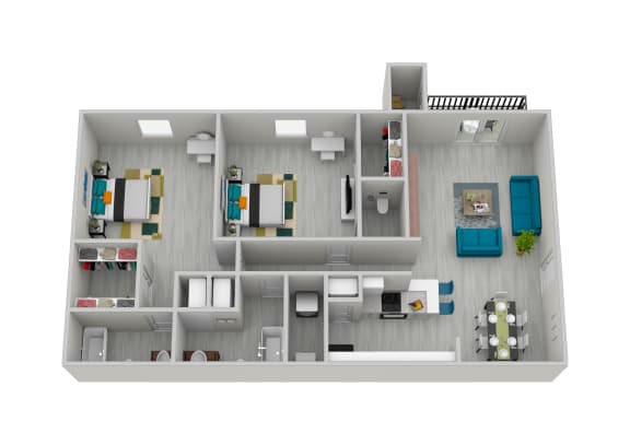 1000 Square-Feet 2 Bed 1 Bath Deluxe Floor Plan at Timber at the Bay, Gulfport, MS