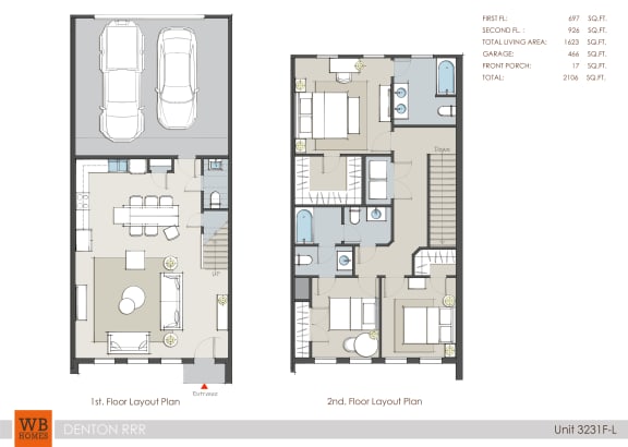 3 bedroom 2.5 bathroom 3231F Floor Plan at The Residences at Rayzor Ranch, Texas