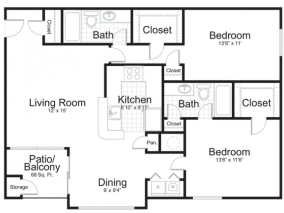 a floor plan of a home with two bedrooms and two bathrooms