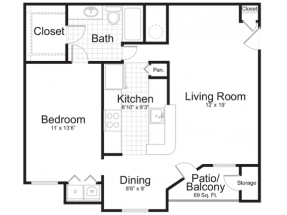 a floor plan of a two bedroom apartment with a bathroom and a balcony