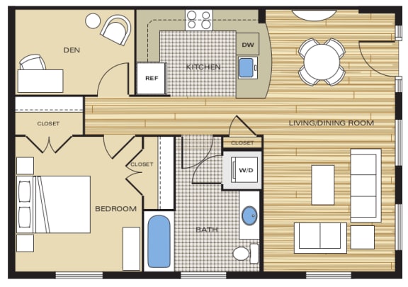 1 Bed1 Bath Den 705sf Floor Plan at Clayborne Apartments, Alexandria, VA, 22314