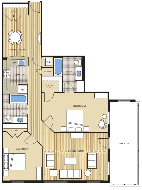 2 Bed2 Bath 1188sf Floor Plan at Clayborne Apartments, Alexandria, VA