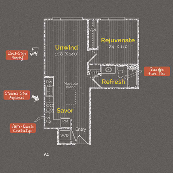 1 bedroom 1 bathroom Floor plan Z at The Maxwell Apartments, Arlington, VA