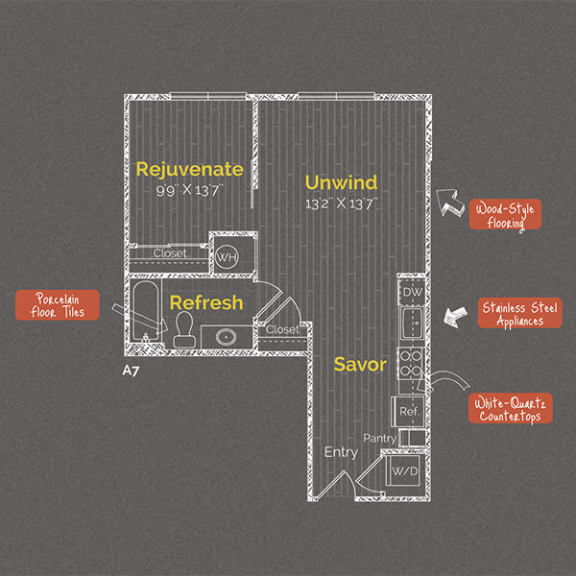 1 bedroom 1 bathroom Floor plan Y at The Maxwell Apartments, Arlington, Virginia