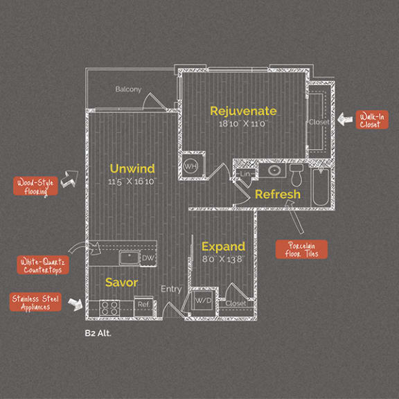 Floor Plan  1 bedroom 1 bathroom Floor plan F at The Maxwell Apartments, Arlington