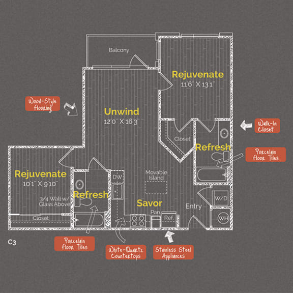 2 bedroom 2 bathroom Floor plan A at The Maxwell Apartments, Arlington, VA, 22203