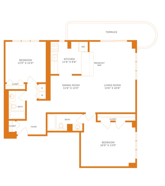 Floor Plan  1217 Sq. Ft. Unit - 2 Bedroom Floor Plan at The Paramount, Arlington, 22202