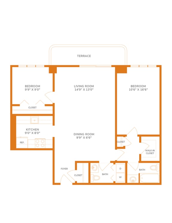 Floor Plan  1040 Sq. Ft. Unit - 2 Bedroom 2.15 Bath Floor Plan - Unit B1C at The Paramount, Arlington, 22202
