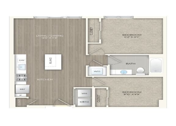 Floor Plan  1 bed 1 bath floor plan J at Trove Apartments, Arlington, VA