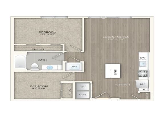 Floor Plan  1 bed 1 bath floor plan K at Trove Apartments, Arlington, 22204