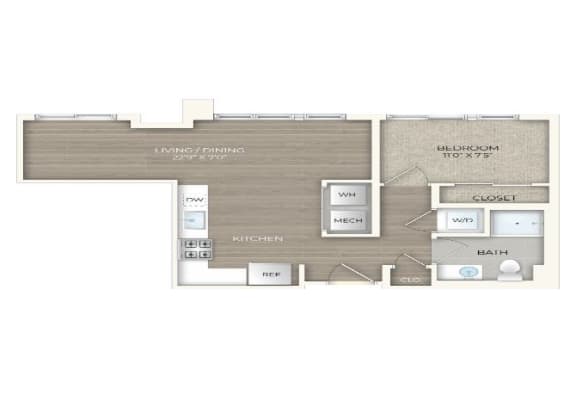 Studio 1 bath floor plan A at Trove Apartments, Arlington, 22204