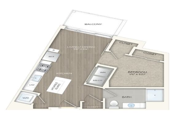 Studio 1 bath floor plan E at Trove Apartments, Arlington, VA, 22204