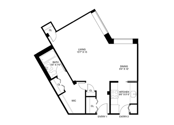 Studio 1 bathroom floor plan at Wellington Apartments, Arlington, VA