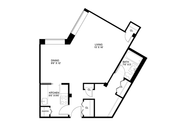 Studio 1 bathroom floor plan D at Wellington Apartments, Virginia
