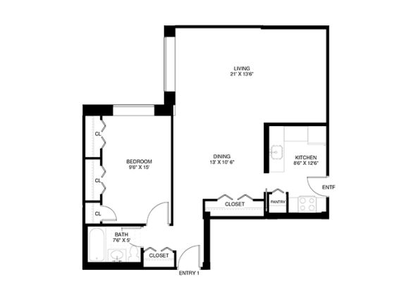 1 bedroom 1 bathroom Floor plan at Wellington Apartments, Virginia, 22204