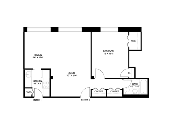 1 bedroom 1 bathroom Floor plan F at Wellington Apartments, Virginia