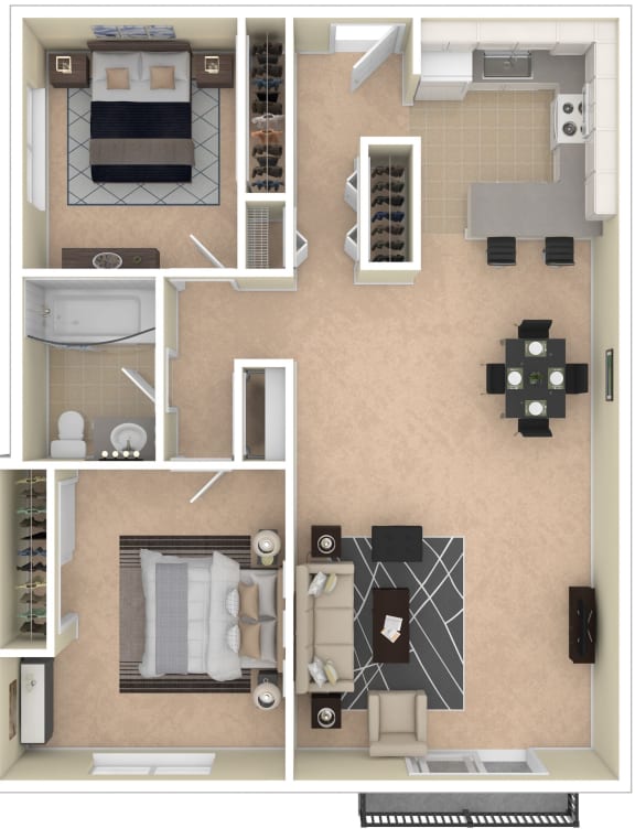 2 Bedroom, 1 Bathroom Furnished Floor Plan