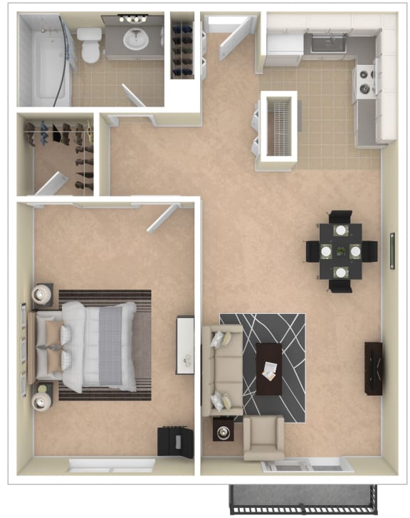 1 Bedroom, 1 Bathroom Furnished Floor Plan