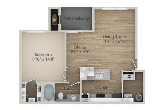 1 Bedroom Floor Plan at Riachi at One21, Plano, Texas