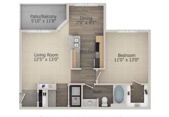 Floor Plan  1 Bed 1 Bath - The Chesterfield (714 sq ft)