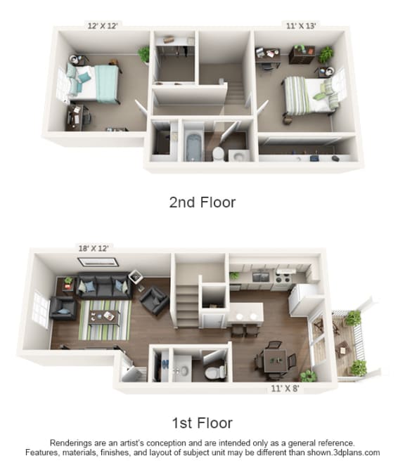 a stylized floor plan of a 2nd floor apartment