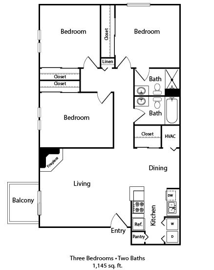 3 Bedroom, 2 Bathroom Floor Plan at Avery Park