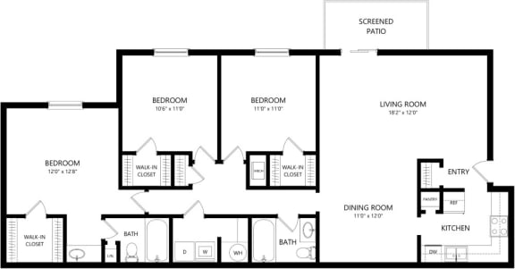 Floor Plan  3 Bedroom, 2 Bathroom floorplans at Castilian Apartments in Orlando, FL