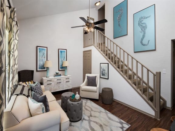 Townhome floorplan with a ceiling fan at Creekfront at Deerwood, Jacksonville, 32256