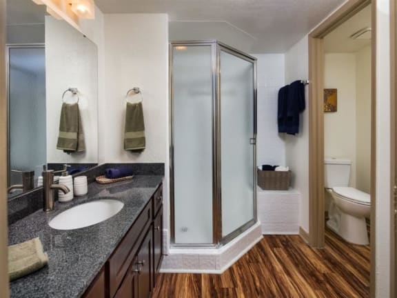 Beautiful shower and classic bathroom at Creekfront at Deerwood, Jacksonville, FL
