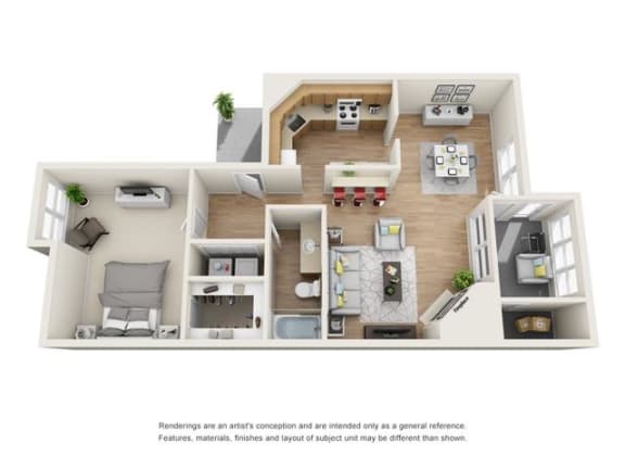 1 bed 1 bath floorplan with 738 square feet, A1 at Creekfront at Deerwood, Jacksonville, FL