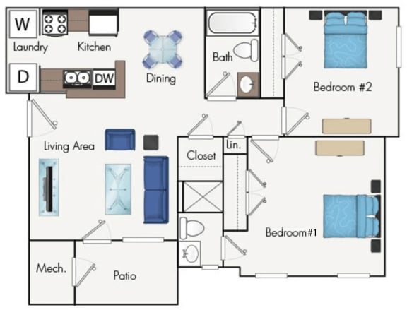 Two-Bedroom, Two-Bathroom Floorplan
