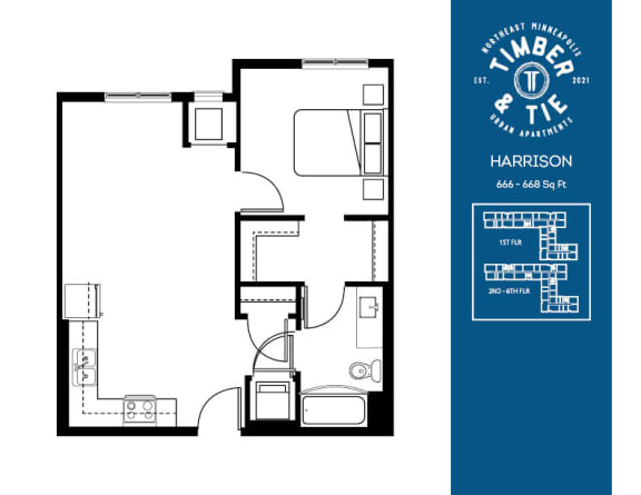 1 Bed 1 Bath Harrison floorplan at Timber and Tie Apartments, Minnesota, 55343