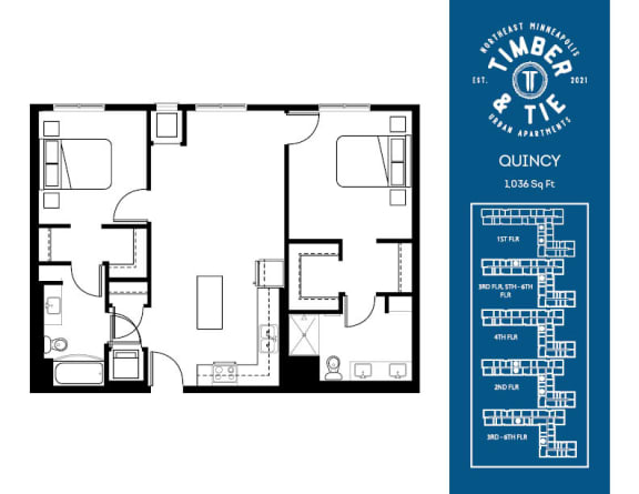 2 Bedroom 2 Bathroom Quincy floorplan at Timber and Tie Apartments, 4312 Shady Oak Rd, Minneapolis