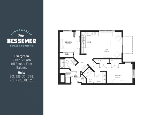 Evergreen-balcony Floor Plan at The Bessemer at Seward Commons, Minneapolis, 55404