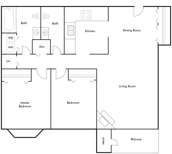 2 bedroom 1 and a half bath floor plan drawing at Cinnamon Ridge Apartments, Eagan, Minnesota