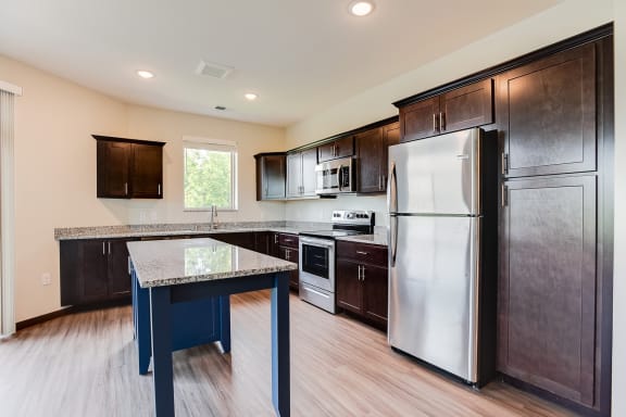 beautiful kitchen with custom cabinetry and window over the sink at Lake Jonathan Flats, Chaska, 55318