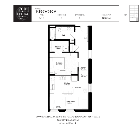 One Bed One Bath Brooks Floorplan at 700 Central Apartments, Minneapolis, MN