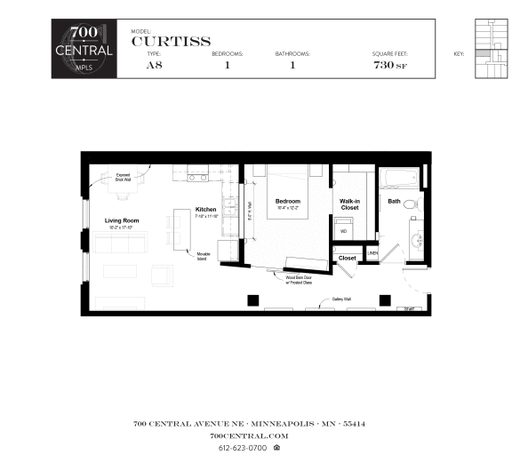 One Bed One Bath Curtiss Floorplan  at 700 Central Apartments, Minnesota, 55414