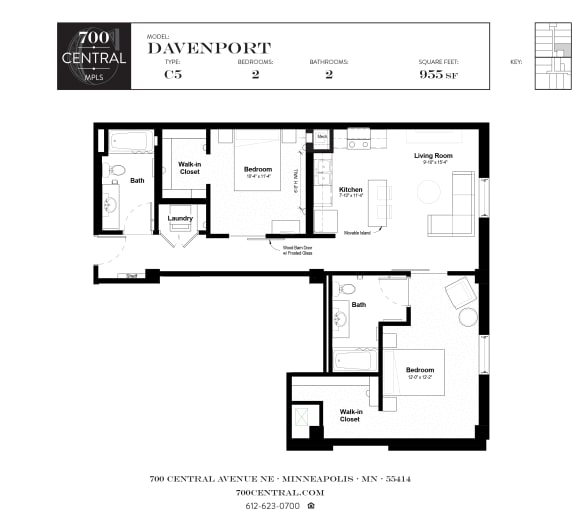 Two Bed Two Bath Davenport Floorplan  at 700 Central Avenue, Minneapolis, MN 55414