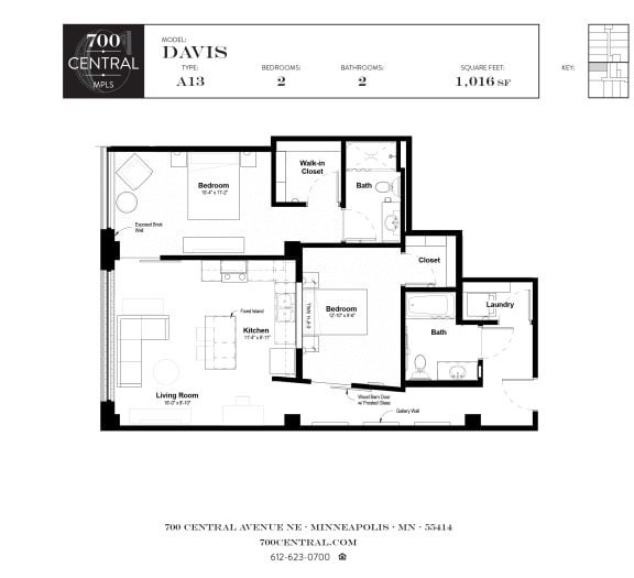 Two Bed Two Bath Davis Floorplan  at 700 Central Apartments, 700 Central Avenue, Minneapolis