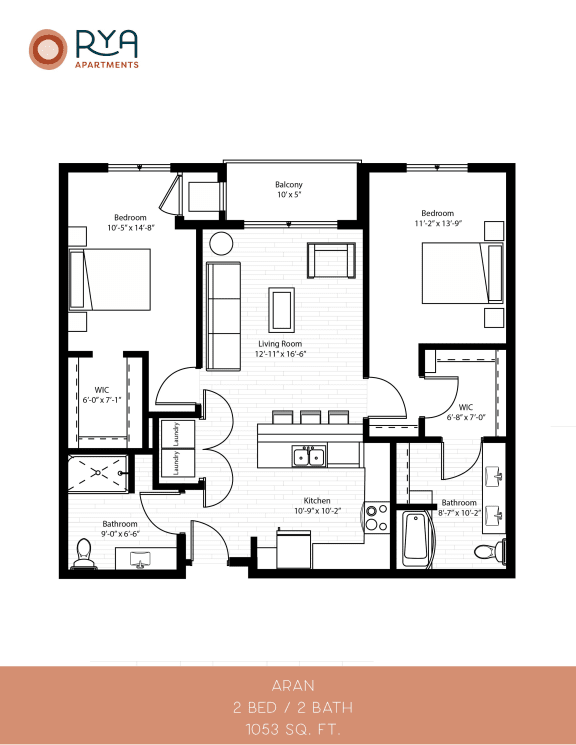 Floor Plan  Aran - ACC  2 Beds | 2 Baths | 1,053 Sq.Ft. at Rya at RF64, Richfield, 55423