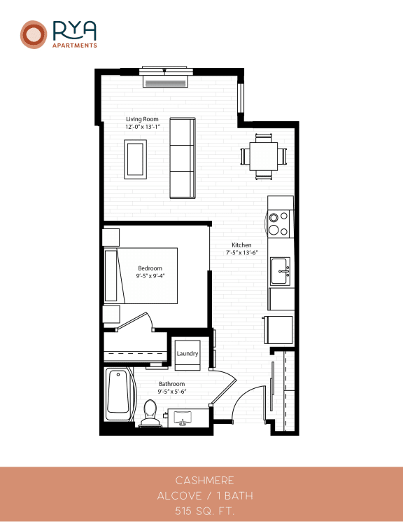 Floor Plan  Cashmere - ALCOVE  Studio | 1 Bath | 515 Sq.Ft. at Rya at RF64, Richfield, 55423