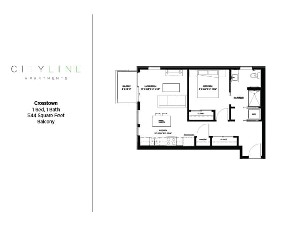 1 bedroom 1 bathroom Crosstown Floor Plan at CityLine Apartments, Minnesota, 55406