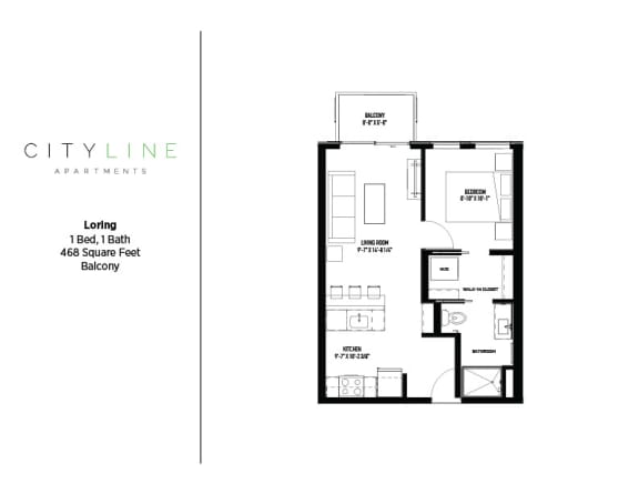 1 bedroom 1 bathroom Loring Floor Plan at CityLine Apartments, Minnesota