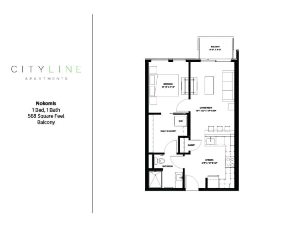 1 bedroom 1 bathroom Nokomis Floor Plan at CityLine Apartments, Minnesota, 55406